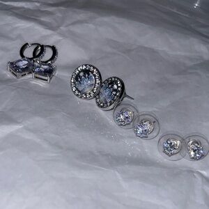 Silver Tone Stud & Hoop Earring Set with Sparkling Stones